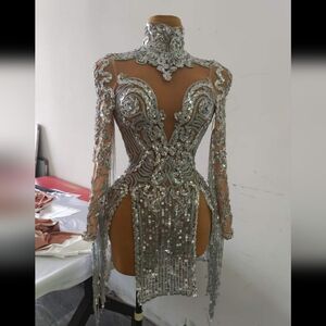 Elegant Silver Sequin Long Sleeve Dress